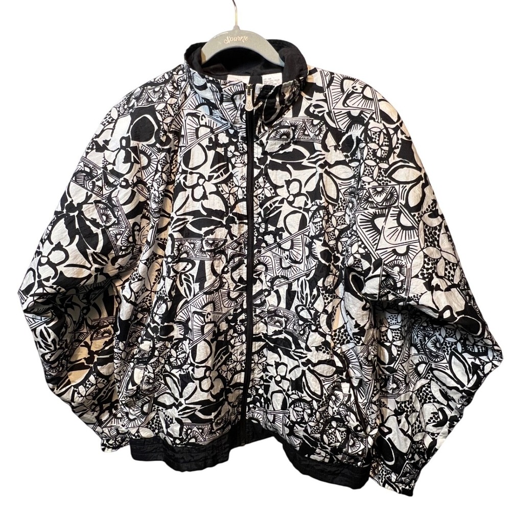 USA Olympics Mens L Windbreaker Jacket Abstract Geometric  Black White Vintage